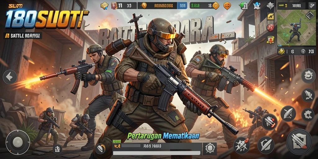 Tangkapan layar utama 180SLOT menampilkan aksi pertarungan Battle Royale yang mendebarkan.