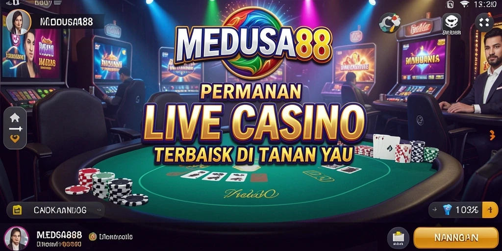 Screenshot gameplay MEDUSA88 menampilkan dealer langsung dan suasana kasino mengasyikkan.