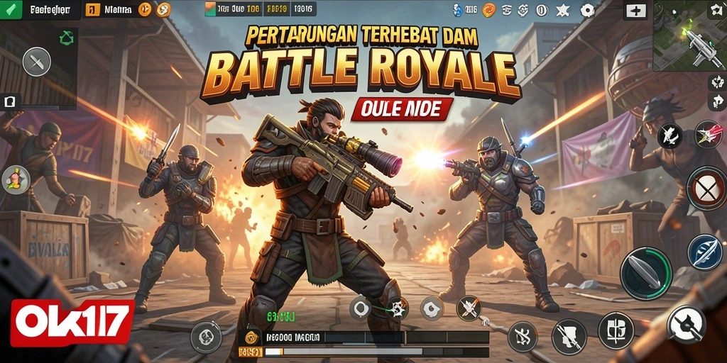 Tangkapan layar gameplay OLX17 yang menampilkan aksi seru dalam pertempuran Battle Royale.