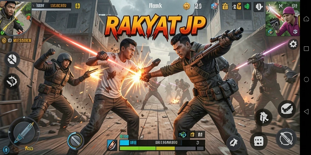 Tangkapan layar gameplay RAKYATJP dengan aksi pertarungan yang intens.