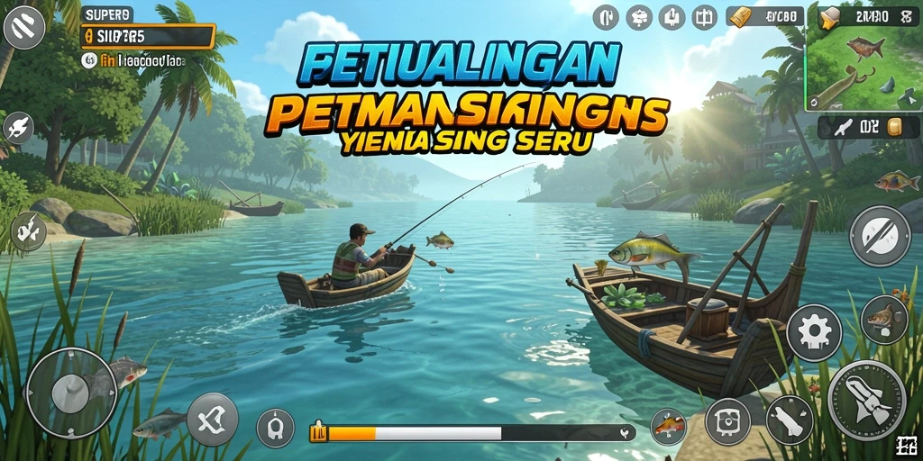 Screenshot gameplay SUPER5 yang menampilkan pengalaman memancing yang mendebarkan.